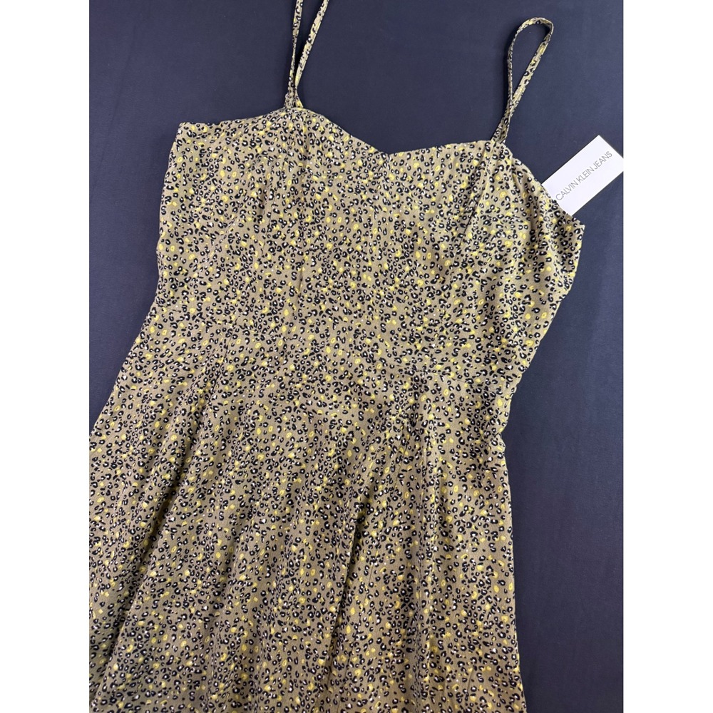 Calvin Klein Jeans Womens Leopard Print Mini Dress Olive Green Yellow NWT